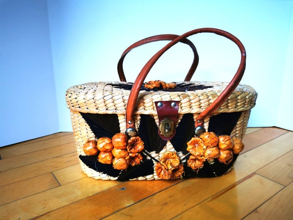 Vintage Mexican Straw Purse Bag