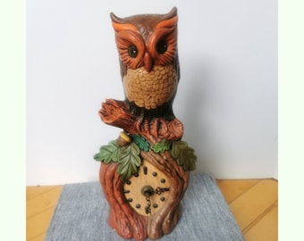 Rare Vintage Ceramic Owl on a Branch Tabletop Clock Working