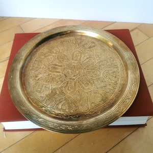 Medium Size 10.5&quot; Vintage Etched Brass Tray Plate Wall Hanging