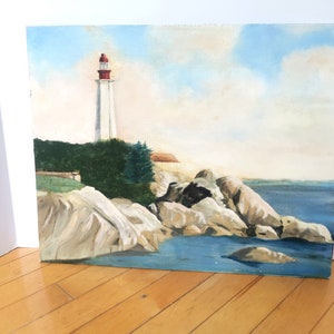 Large Vintage Lighthouse Original Oil Painting Unsigned Unframed on Canvas Board
