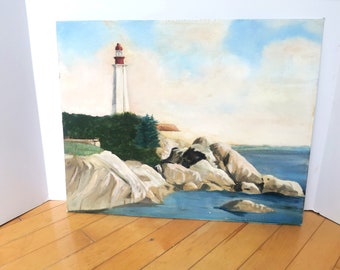 Large Vintage Lighthouse Original Oil Painting Unsigned Unframed on Canvas Board