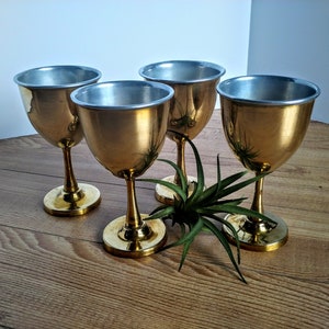 Vintage Brass Wine Goblets Set of 4 Engraveable Double Walled Stainless Steel Lined