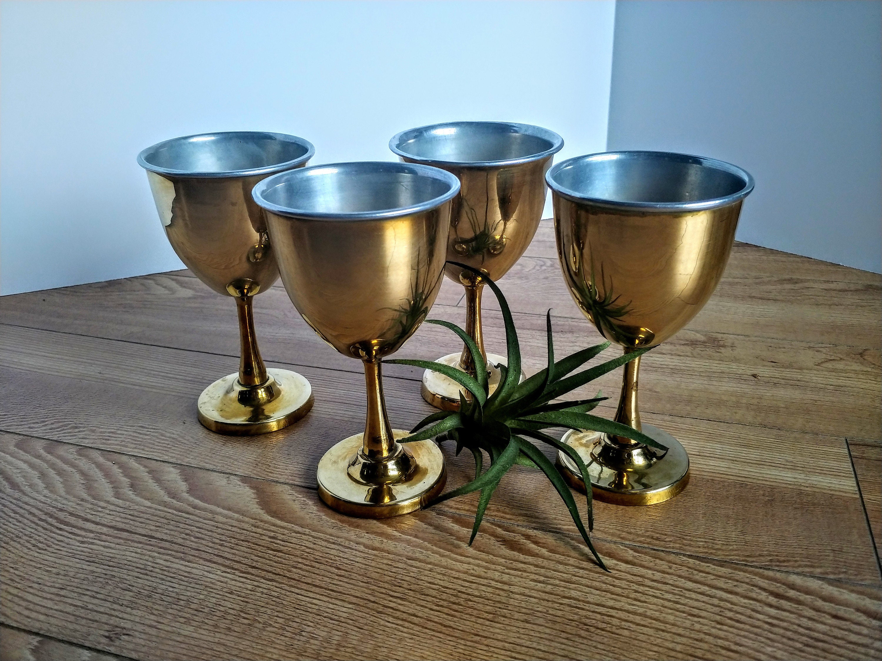 Vintage Brass Wine Goblets Set of 4 Engraveable Double Walled