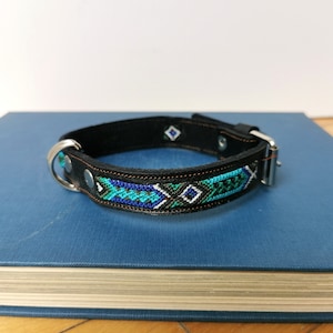 Hand Made Medium Size Mexican Embroidered Leather Dog Collar 16&quot; Black