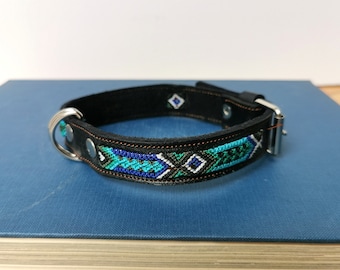 Hand Made Medium Size Mexican Embroidered Leather Dog Collar 16&quot; Black