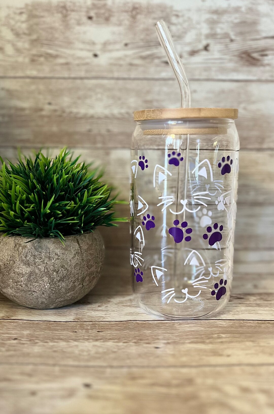 Cat/kitten Paw Glass Cups With Lids and Straws/16oz Glass/ Iced Coffee