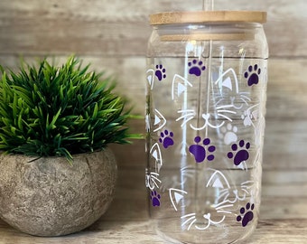 Cat/Kitten Paw Glass Cups with Lids and Straws/16oz Glass/ Iced Coffee Cup/Glass Coffee Cups/Drinking Glasses with Bamboo Lids