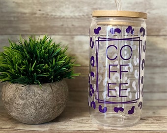 COFFEE Cow Print Glass Cups with Lids and Straws/16oz Glass/ Iced Coffee Cup/Glass Coffee Cups/Drinking Glasses with Bamboo Lids