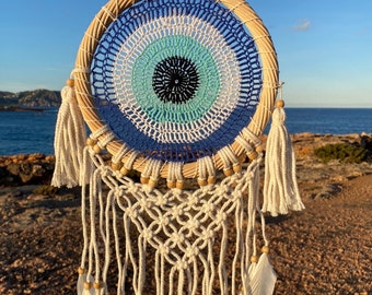 Evil eye dreamcatcher/blue dreamcatcher with white feathers and rattan frame/protection dreamcatcher.