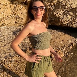 Tube top from eco friendly fabric/shirred green tube top.