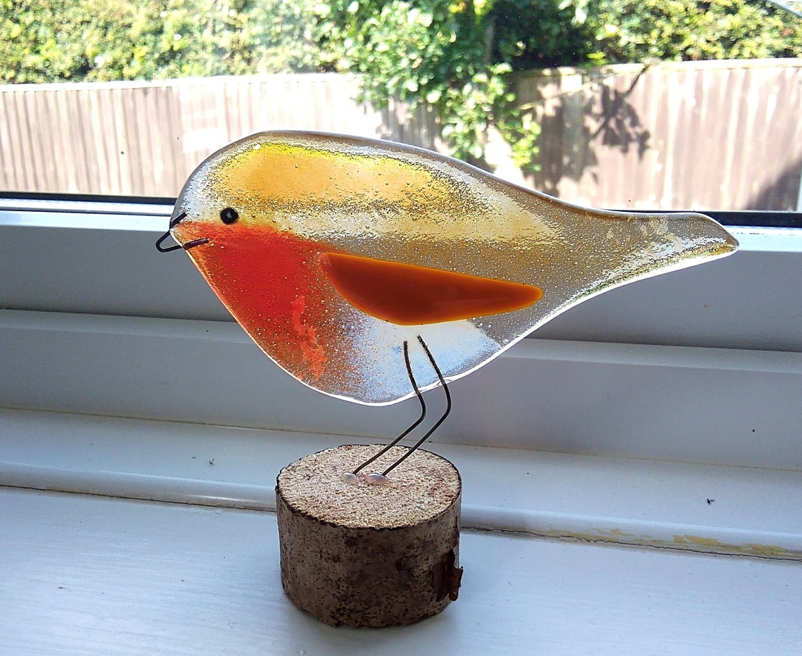 Robin on a log fused glass standing Robin beautiful glass Etsy