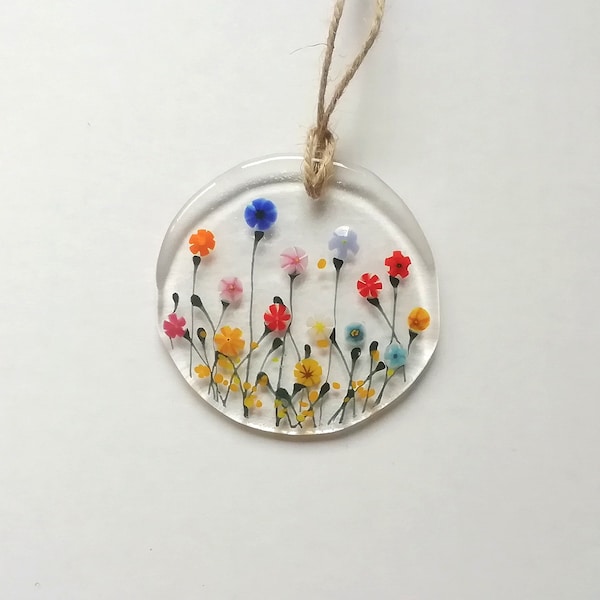 Multicoloured floral suncatcher, fused glass hanger, meadow flowers glass art.