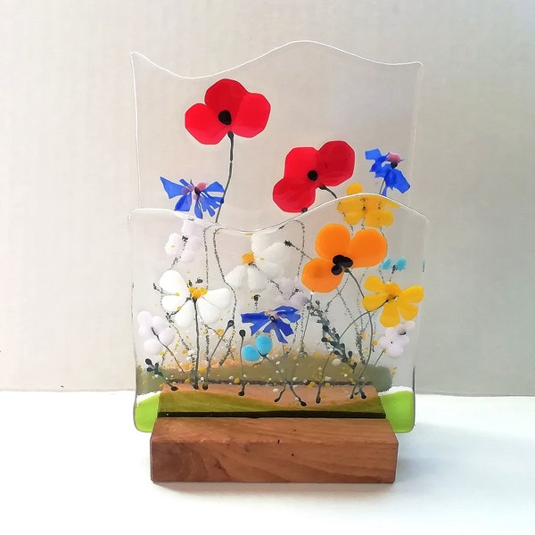 Meadow glass art, fused glass floral panels, layered flower ornament, wildflower glass art, poppies and cornflowers, wild flower fused glass
