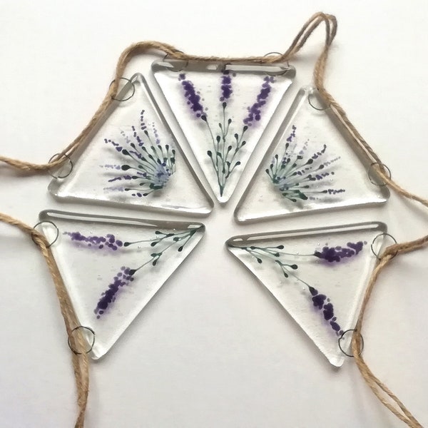 Lavender glass garden bunting, fused glass bunting with garden lavender, purple lavender handcut glass bunting.