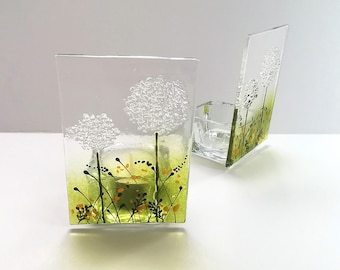 Fused Glass Dandelion Tealight Holder: Handmade Glass Art