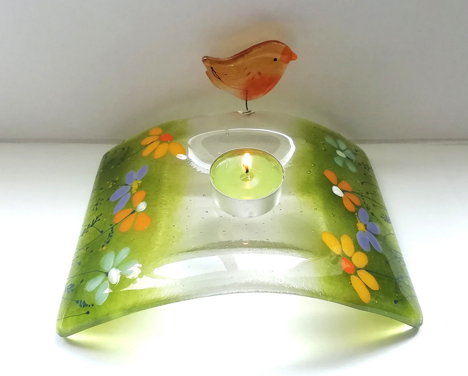 Robin candle arch in fused glass tealight stand with meadow Etsy