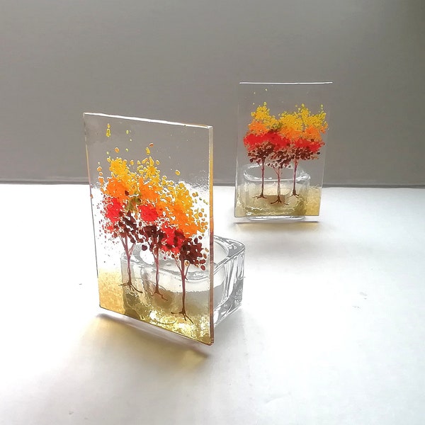 Autumn tealight, tealight candle, autumn trees tealight, seasonal decor, glass candle, fused glass tealight, home decor.