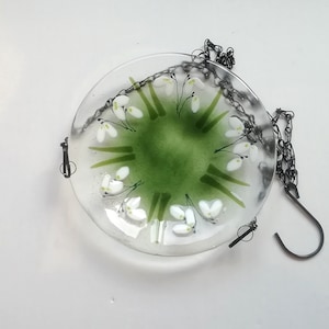 Bird feeder/bath, hanging bird feeder, fused glass feeder, snowdrop bird bath, garden lovers gift, garden decor, wild bird bath.