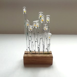 Daisy ornament, fused glass daisy art, freestanding ornament, delicate glass daisies, housewarming gift, glass art daisies.