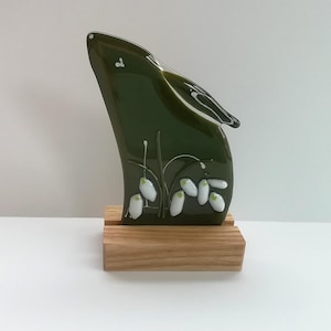 Snowdrop moongazing hare, fused glass hare, folklore, cottagecore, birthday gift.