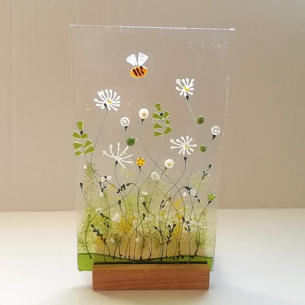 Meadow flower glass art, fused glass floral panel, white daisy ornament, shelf decoration, wild meadow flowers, freestanding glass art,