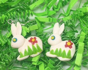 white chocolate Easter bunny earrings polymer clay