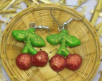 cherry fruit glittery polymer clay earrings lucky casino red cherries red cherry earrings polymer clay earrings