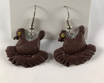 chicken hen chocolate easter earrings polymer clay