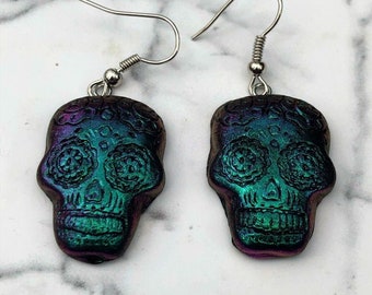 Holographic chrome sugar skull polymer clay earrings