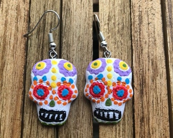 Day of the dead sugar skull halloween polymer clay hand painted earrings