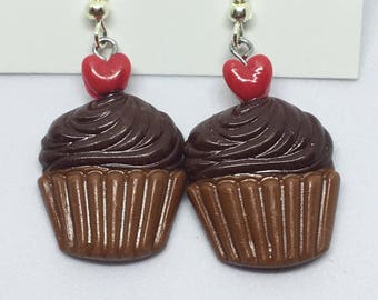 cute cupcake polymer clay earrings pink purple magenta chocolate