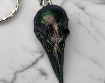 Holographic chrome raven bird skull polymerclay becklace or key chain