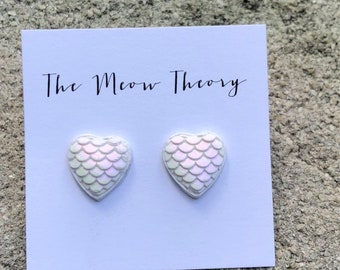 Dragon scale heart polymer clay stud earrings holographic chrome