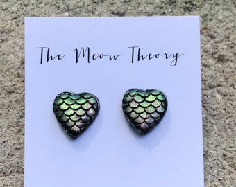 Dragon scale heart polymer clay stud earrings holographic chrome