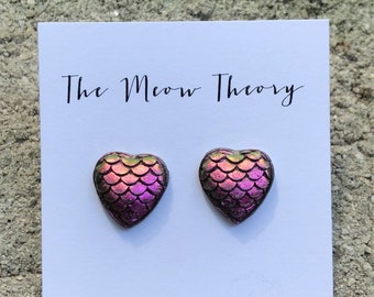 Dragon scale heart polymer clay stud earrings holographic chrome