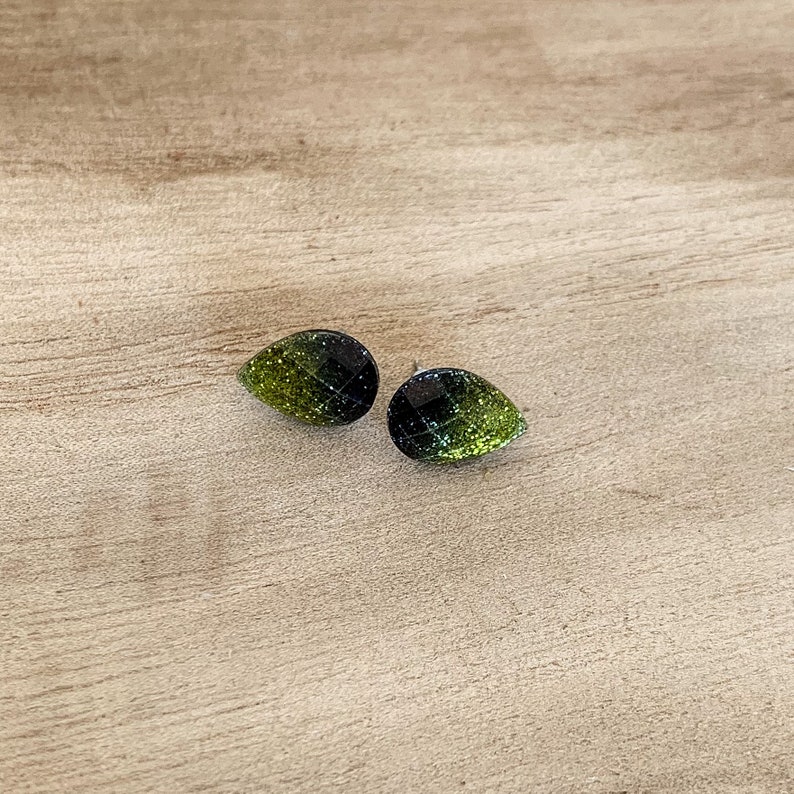 Green Ombre Teardrop Studs \u2022 Green Glitter Resin Earrings \u2022 Teardrop Earrings