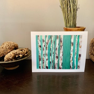 Impression d’art et carte de bouleaux, artiste manitobaine de Winnipeg Rebecca Haverluck, vie de savon d’art, nature, botanique, forêt, vert, art original