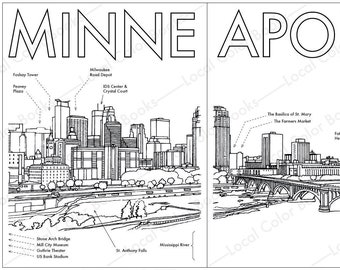 Minneapolis Skyline 2 Pages - Color Minneapolis - Printable Instant Digital Download Adult Coloring Page
