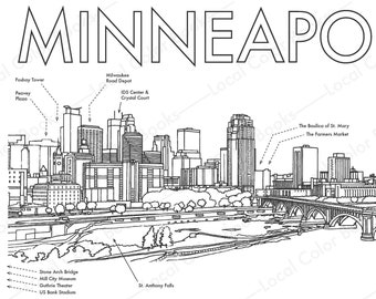 Minneapolis Skyline 1 Page - Color Minneapolis - Printable Instant Digital Download Adult Coloring Page