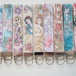 Princess Rapunzel Ariel Aurora Belle Cinderella Jasmine Mulan Sleeping Beauty Snow White Floral Wristlet Key fob Keyfob Keychain Key Ring