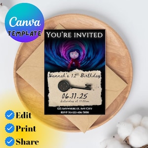 May include: A black and white printable invitation for a 12th birthday party. The invitation features a key and a swirling purple and blue background. The text on the invitation reads "You're Invited", "Hannah's 12th Birthday", "06.11.25 Saturday at 11:00am", "123 Anywhere St. Any City", and "RSVP to 123-456-7890".
