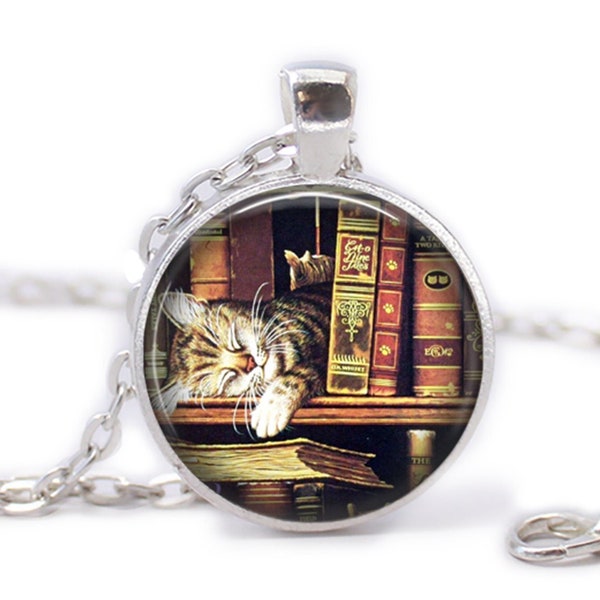 Library Necklace Book Necklace Cat Jewelry Librarian Gift Book Jewelry Gift for Book Lovers Book Gift for Her Gift for Him St Valentine Gift