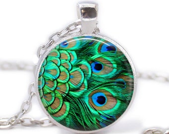 Peacock Feather Necklace Victorian Emerald Peacock Art Glass Pendant Peacock Jewelry Gift for Mom Peacock Cabochon Necklace Peacock Feather