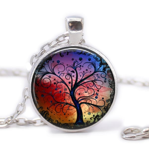 Colorful Tree of Life Pendant Colorful Tree of Life Necklace Silver Tile Necklace Rainbow Family Tree Necklace Family Tree of Life Jewelry