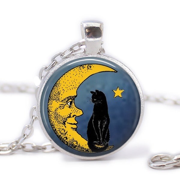 Moon Necklace Cat on the Moon Necklace Black Cat Necklace Crescent Moon Necklace Vintage Moon Jewelry Cat Jewelry Halloween St Valentine