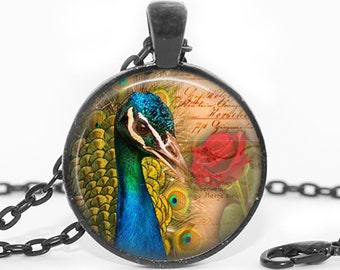 Peacock Feather Necklace Victorian Blue Peacock Art Glass Pendant Peacock Jewelry Gift for Mom Peacock Cabochon Necklace Peacock Feather