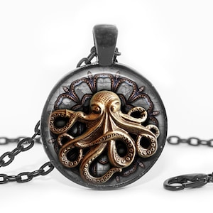 Octopus Necklace: Glass Dome Clock Gears Pendant Faux Steampunk Octopus