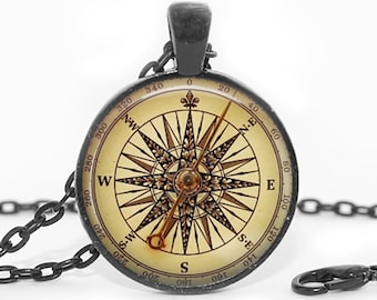 Vintage Compass Wind Rose Art Necklace  Nautical  Gift for Him