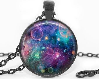 Blue Nebula Cabochon Necklace: Galaxy Space Pendant, Handmade Jewelry