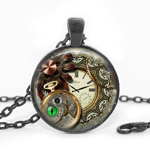 Glass Art Steampunk Necklace Steampunk Jewelry Clock Gears Necklace Clock Gears Jewelry Steampunk Clock For Him St Valentine Vintage Clock